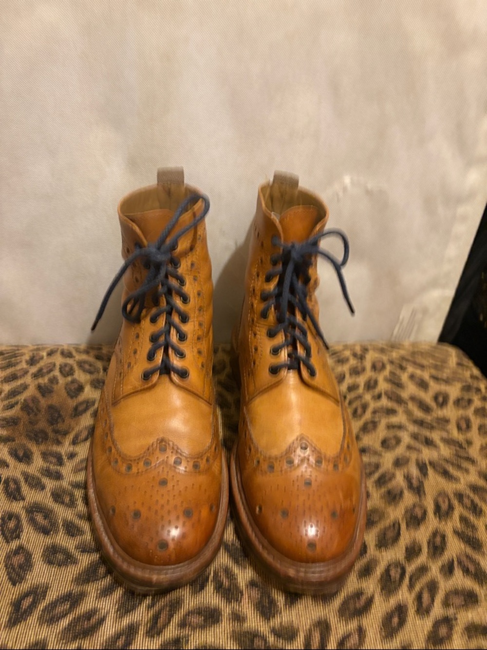 Grenson Tan Leather Brogue Chukka Boots with Navy Laces